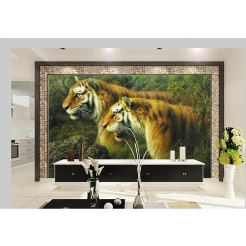 3d wall murals wallpaper for living room Chinese style two tiger oil painting home decor photo wallpaper for walls 3 d