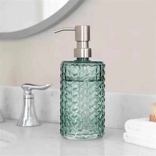 400ml Soap Dispenser Green Glass Shampoo Bottle with Metal Pump Bath Hand Washing Bottles Kitchen Detergent Refill Sub-bottle