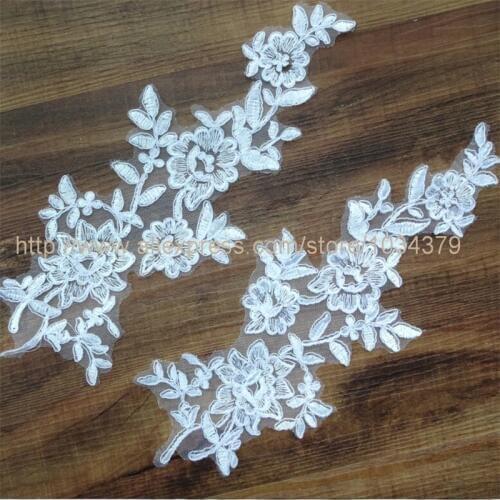5Pairs/ 10pcs 34X 13cm White/ Ivory Flower Floral Lace Fabric Sewing Trim, Lace Applique Trim Wedding Dress Applique BD0066