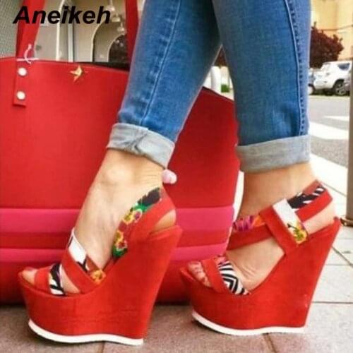 Aneikeh 2021 Summer Sexy Head Peep Toe High Heel Wedges Shoes Fashion Floral Print Lady Platform Party Sandals Zapatos De Mujer