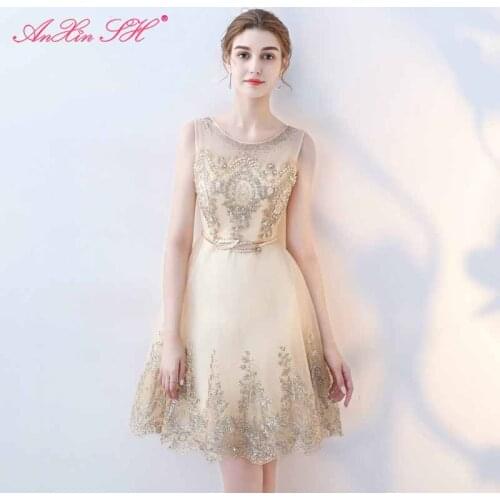 AXJFU princess o neck sleeveless short champagne lace evening dress vintage beading crystal party illusion lace evening dress
