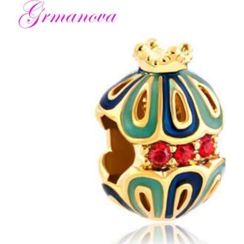 Crown oval Russian egg golden charm beads DIY handmade jewelry amulet Fit Pandora Bracelet Necklace