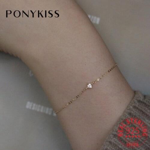 PONYKISS Trendy S925 Sterling Silver Round Zircon Chain 14K Gold Bracelets Women Fine Jewlry Delicate Accessory Drop Shipping