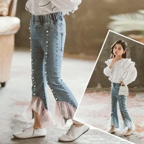 Girls Beading Jeans Spring Flare Pant Jeans for Girls Boot Cut Mesh Bottoms Korean Denim Pants for Girl Trousers Kids Clothes