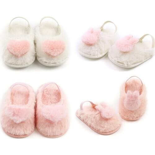 FOCUSNORM Fashion Lovely Kids Baby Girls Boys Slippers Fur Heart Print Flat With Heel Cork Soft Shoes 0-18M