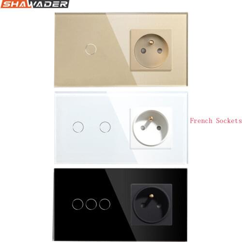 French Wall Socket Light Switch 1/2/3 Gang with 1 Way Electrical Wall Outlets Crystal Glass Touch Panel 16A France Rectangular