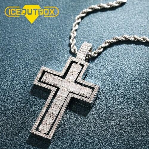 ICEOUTBOX Cross Pendant Double Side Rotatable Crucifix Pendant AAA Micro Pave Cubic Zircon Baguette For Mens Hip Hop Jewelry