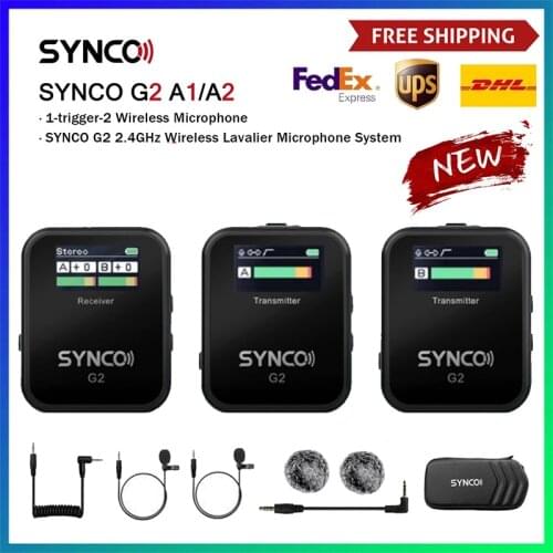 SYNCO G2 A1/A2 Condenser Microphone System Wireless Mic Lavalier for Smartphone DSLR Camera Realtime Monitoring 70M Transmission