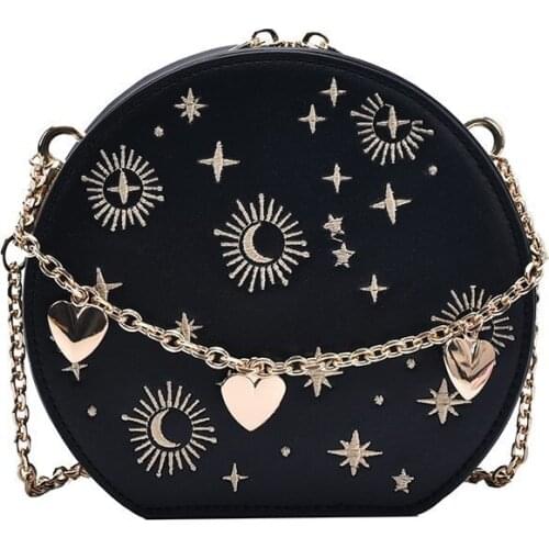 Embroidery Round Leather Design Women Luxury Purses and Handbags Crossbody Chain Bag Ladies Party Clutch Bag Totes Shoulder Bag