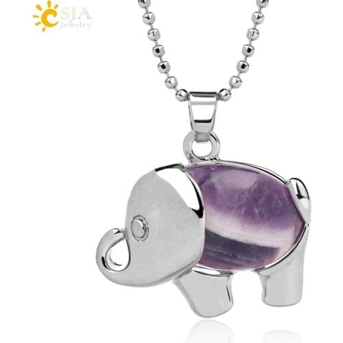 CSJA Natural Crystal Stone Pendants & Necklaces Elephant Animal Reiki Jewelry for Women Girls Lovely Collar Small Pendant E929