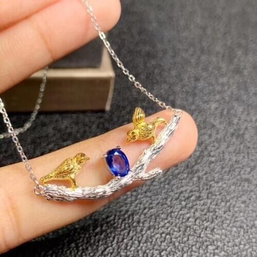 Small cute Branches bird bird Natural blue sapphire Necklace Natural Gemstone Pendant Necklace lover girl wedding party Jewelry