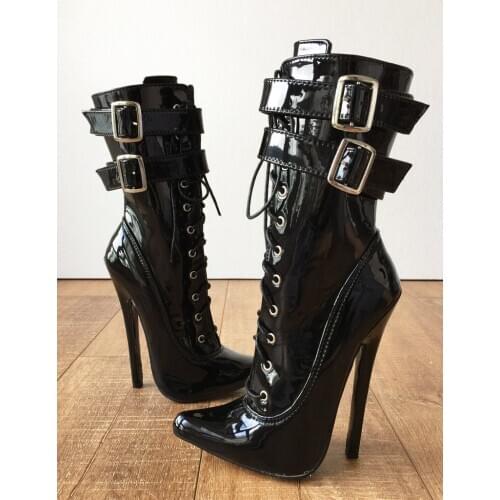 18CM Extreme High Heel Sexy Pointed-toe Lace Up Thin Heels Motorcycle Patent Leather Zip Buckle Ankle Strap Boots Women