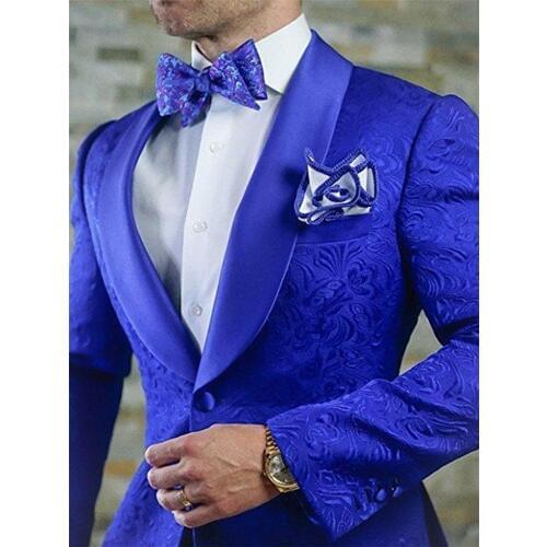 New Arrival Royal Blue Floral Men Suits For Wedding Latest Designs Groom Tuxedos Shawl Lapel Suit Men Groomsmen Best Man Blazer