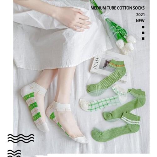 5 pairs Xia Xin fashion womens glass silk lattice stripe air permeability anti stripping invisible crystal silk ship socks