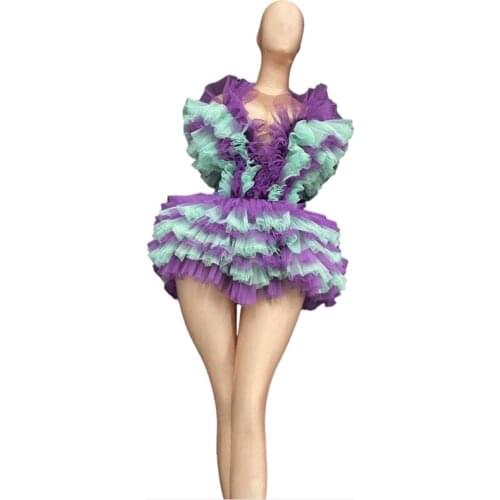 Women New Sexy Stage Party Mesh Purple Tutu Dresses Birthday Wedding Dress for Sleeveless Nightclub DJ Stage Wear Dance Dress