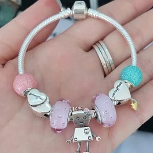 NEW 100% 925 Sterling Silver Robot Heart Glass Bead 7 Charm Bead Bracelet Set Planet of Charm Astronaut Night Blue Love Charm