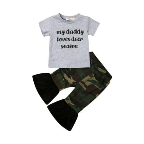 2019 Baby Girl Clothes Toddler Kids Baby Girl Solid Tops T-shirt+ Camo Flare Pants Outfits Set Summer