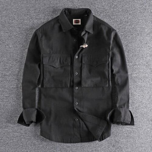 Early autumn solid pocket solid work shirt mens Japanese fashion youth thin coat Long Sleeve shirt simple designer top wear 290