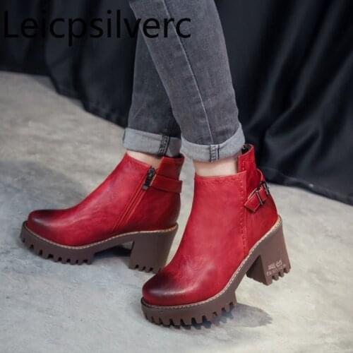 Autumn And Winter The New fashion Round head zipper Color matching Thick heel High heel Short tube Womens Boots plus size 32-43
