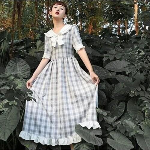 2021 Japanese Style Kawaii Dresses Mori Girls Korean Version Loose Fashion New Navy Collar Plaid Mid-Length A-Line Lolita Dress
