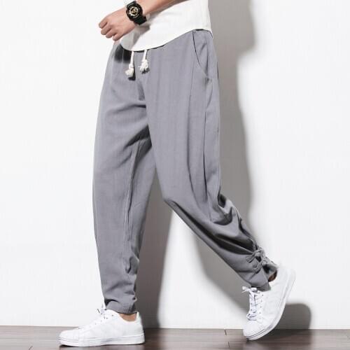 Casual Harem Pants Autumn mens 100% Cotton linen drawstring pants plus size loose Buckle Beam foot trousers male joggers pants