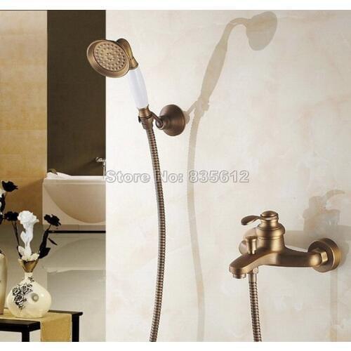 Bathroom Single Handle Antique Brass Bathtub Faucet with Ceramic Handheld Shower Mixer Tap Wall Mounted Wtf302