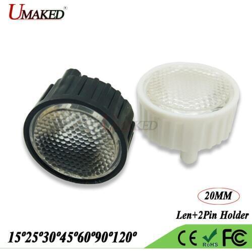 20MM spherical surface LED lens+2Pin Bracket Holder 15 25 30 45 60 90 120 Angle PMMA Optical lense for led Aquarium blub lights