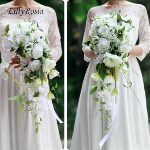 Waterfall Wedding Flower Artificial Bridal Bouquet White Green Brooch Teardrop Bouquet Wedding Accessories Decoration 55cm Long