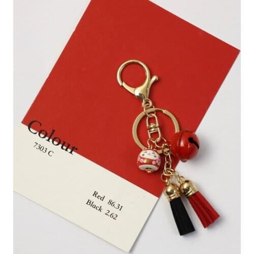 Japanese Anime Ceramic Maneki Neko Lucky Cat Fortune Leather Tassels Keychain Key Chain Car For Women Bag Pendent Charms D670