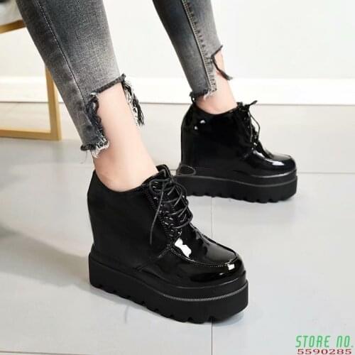 2019 High Platform Patent Leather Casual Shoes Women Autumn Winter Wedge Ankle Boots For Women 12 CM Height Increasing Sneakers