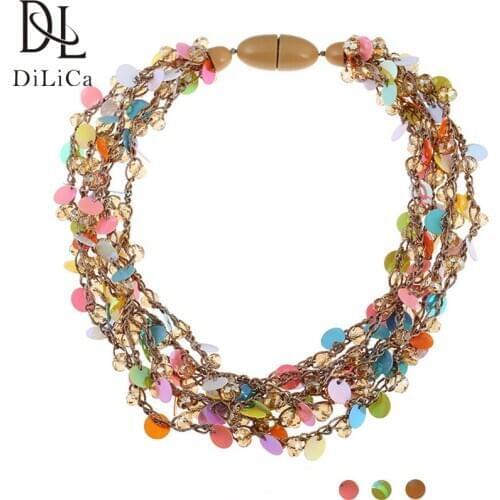 DiLiCa Fashion Choker Necklace Women Bohemian Sequins Maxi Necklace Layered Crystal Beaded Statement Necklaces Collier