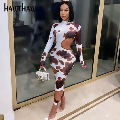 Hawthaw Women Fashion Autumn Winter Long Sleeve Hollow Out Printed Bodycon Female Pencil Dress 2020 Fall Clothes Streetwear
