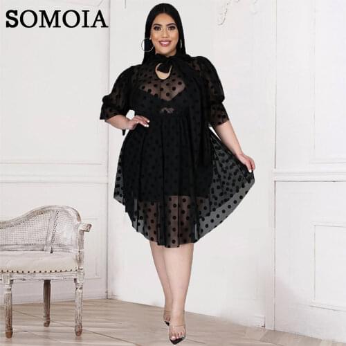 Plus Size Dresses for Women Sexy Mesh Transparent Hollow Out Irregular Dress Sweet Dot Print Dress Celebrity Dresses Wholesale