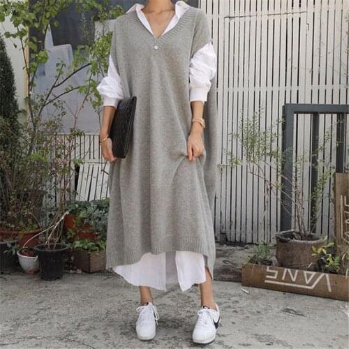 Johnature 2021 Spring Korean Loose V-neck Sleeveless Knitting Women Dresses New All Match Vest Long Dress