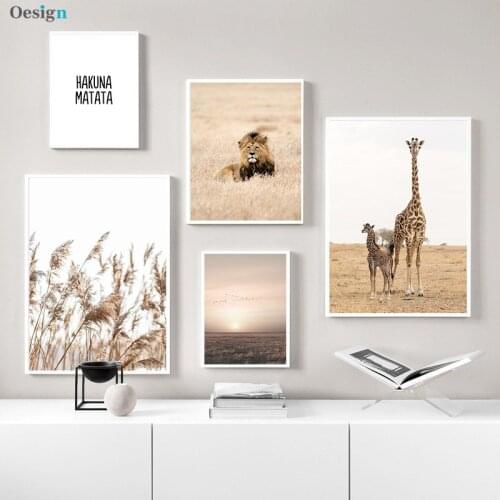 Animals Lion Giraffe Poster Nordic Canvas Print Sunset Nature Landscape Wall Art Painting Scandinavian Home Decoration Picture