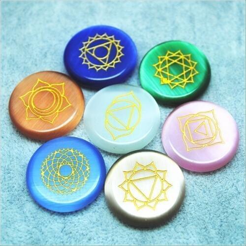 7pcs seven chakras tibetan religion chakala cat eye glass for carving NO HOLE for Indian Yogo excise charms collections