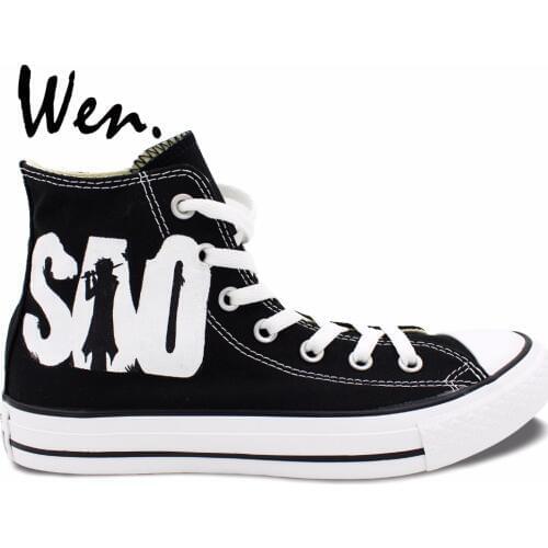 Wen Hand Painted Anime Shoes Sword Art Online Black High Top Men Womens Canvas Sneakers for Birthday Gifts