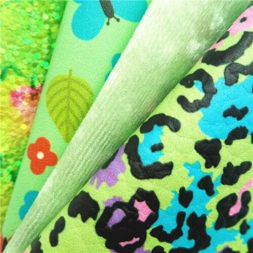 Leo Leather Flowers Printed Glitter Leather Leopard Printed Synthetic Leather Velvet Fabric For BOWS DIY 21X29CM G347