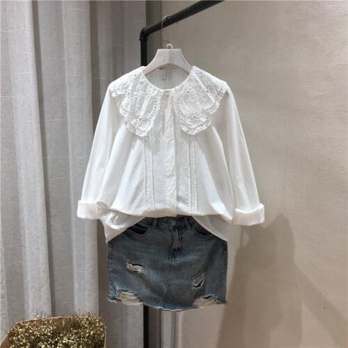 Lamtrip Unique Lolita Hollow Embroidery Pleated Peter Pan Collar Long Sleeve Shirt Mori Girl Kawaii White Fairy Top
