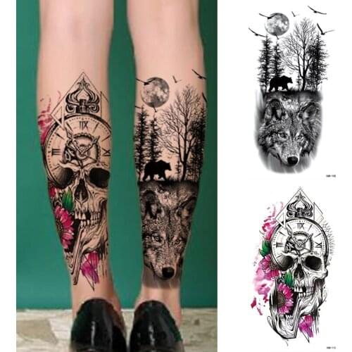 Moonlight Flying Bird Bear Tattoo Sticker Wild Wolf Tiger Tattoos Leg Ankle Forest Beauty Girl Waterproof Temporary Tattoo Women