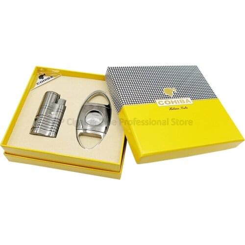 COHIBA Metal 4 Torch Jet Flame Gas Cigar Cigarette Lighter Refillable With Cigar Punch Dual Blades Cutter Smoking Tool Set