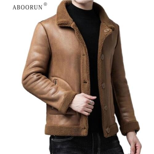 ABOORUN Mens Winter Suede Fleece Jacket Brown Thick Wool Coat Plus Size 5XL Casual Warm Coat for Male