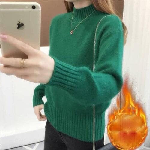 2019 New Autumn Winter Women Korean Loose Half Turtleneck Fleece knitted Pullovers Sweater Female Plus Velvet Knitwear Jumpe X56