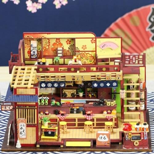 New DIY Japanese Sushi Store Cottage Wooden Doll House Kit Miniature With Furniture Dollhouse Model Toys For Children Xmas Gifts