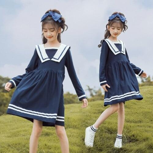 Teen Girl Dress Childrens Spring Autumn Cotton Lovely Preppy Style Sailor Collar Stripe Dress Kids Clothing Child Clothes Girl