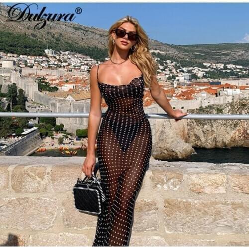 Dulzura Chiffon Polka Dot Women Strap Maxi Dress Lace Up Bandage See Through Sheer Streetwear Party Elegant Club Festival 2020