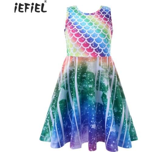 Princess Mermaid Dress For Girls Kids Sleeveless Fish Scales Printed Pattern A-line Dress Children Girl Birthday Party Dresses