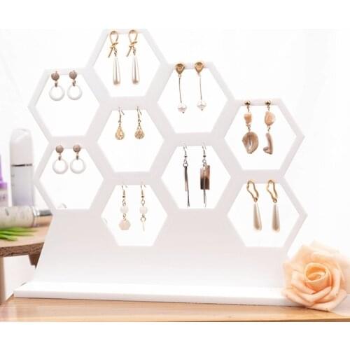 Natural Wood White Honeycomb Jewelry Earrings Necklace Storage Rack Holder Jewelry Display Stand Up to Hold 9 Earrings