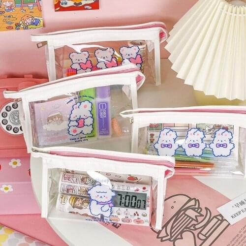 Transparent Cartoon Pencil Bag Cute Bear Rabbit Waterproof Pen Case Storage Pouch for Stationery School Travel Cosmetic F180