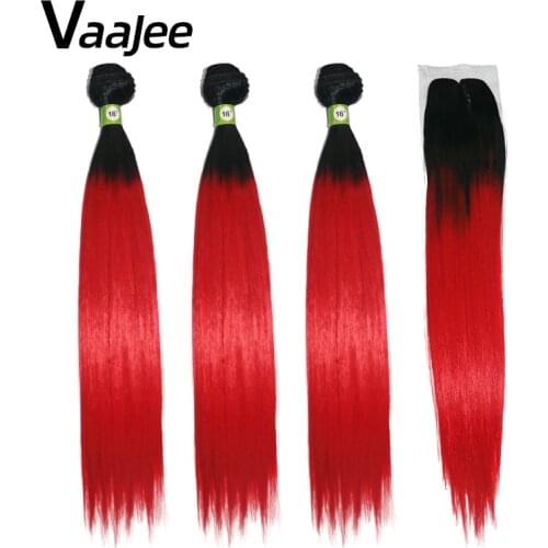 VaaJee Synthetic Hair Bundles with Closure 4pcs/Pack Straight Hair Bundles w/ Lace Closure Red Hair Weave Extensions Fashion